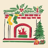 A cozy fireplace decorated for Christmas with stockings, holly, and a small tree, creating a warm ambiance. vector