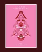 Christmas Greeting Card with Stylish Tree Illustration Featuring Ornaments, Holly, and Festive Elements on Pink Background vector