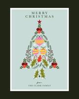 Christmas Greeting Card with Stylish Tree Illustration Featuring Ornaments, Holly, and Festive Elements on Soft Blue Background vector