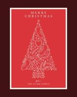 Christmas Greeting Card with Elegant Tree Illustration in Red, Featuring Birds, Foliage, and Holiday Elements vector