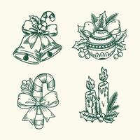 Hand-Drawn Vintage Christmas Icon Set in Sketch Style, Featuring Bells, Wreath, Snowman, Tree, and More vector