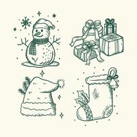 Hand-Drawn Vintage Christmas Icon Set in Sketch Style, Featuring Bells, Wreath, Snowman, Tree, and More vector