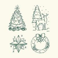 Hand-Drawn Vintage Christmas Icon Set in Sketch Style, Featuring Bells, Wreath, Snowman, Tree, and More vector