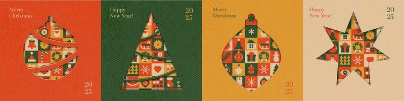 Christmas square tags set design with craft paper texture. Merry Christmas and happy new year greeting cards in paper cut style. Vintage muted color illustration vector