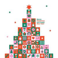 Christmas tree in modern minimalist geometric style. Colorful illustration . Xmas tree made of geometrical patterns and simple festive elements. vector