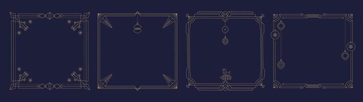 Gold line Christmas square flames in art deco style. Merry Christmas Happy New Year linear frame and geometric background with simple icons. Luxury golden linear illustration. vector