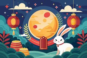 A rabbit sits in front of a full moon, encircled by lanterns vector