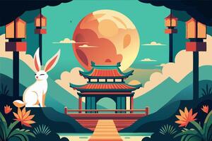 A rabbit is in front of a pagoda with a full moon behind it vector