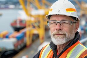 Experienced Senior Engineer Reflecting on Maritime Operations at Port During Golden Hour photo