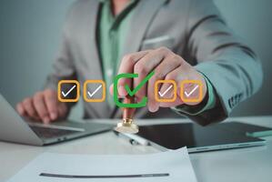 Checklist Steps Quality Selection with Quality Assurance improvement, Quality control, Inspection, QA, QC, Standardization, certification. Compliance to regulations products, service and standards. photo