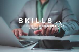 Employee pointing arrow to upskill or reskill, Upskill and personal development concept, Kill training, Education, Learning, Ability, knowledge and competency for digital transformation. photo