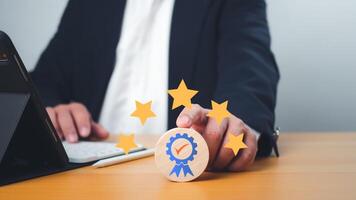 Customer Satisfaction Survey concept, service experience rating online application, customer evaluation product service quality, satisfaction feedback review, very good quality most. photo