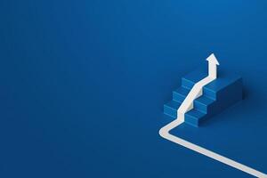 Minimalist concept of success and growth with white arrow climbing stair on blue background, symbolizing upward progress, achievement, and goal setting, 3d rendering photo
