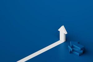 Minimalistic concept of business growth and progress with white arrow on blue background, symbolizing forward movement, success, and direction, 3d rendering photo