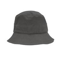 Gray bucket hat with a wide brim and flat top, suitable for outdoor activities and adding a stylish touch to outfits. photo