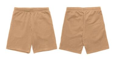 Tan drawstring shorts front and back views. photo