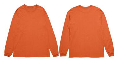 Orange long sleeved t shirt displayed from both front and back angles. Great for showcasing merchandise or creating fashion related designs. photo