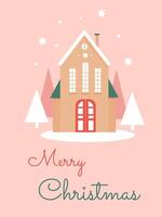 Christmas card with a house in a snowy forest and snowfall vector