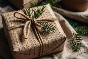 Brown box with a string tied around it and a green leaf. Wrapped in brown paper, sits on a table. Eco-friendly wrapping paper, recycled packaging. photo