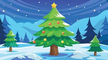 A vibrant Christmas tree adorned with colorful ornaments stands tall in a serene winter landscape, surrounded by snow-covered hills and evergreen trees against a night sky vector