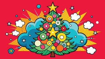 Colorful and vibrant Christmas tree adorned with ornaments and decorations, set against a bright red background with dynamic starburst patterns vector