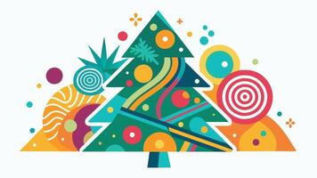 A colorful, artistic depiction of a Christmas tree surrounded by playful geometric shapes, festive ornaments, and cheerful decorations, reflecting the holiday spirit and joy of the season vector