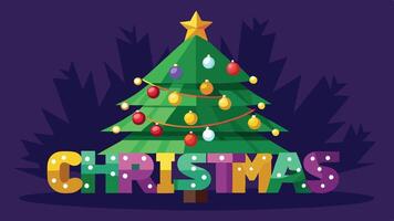 A colorful and festive illustration of a decorated Christmas tree with ornaments, lights, and a shining star, set against a dark purple background featuring stars and ornaments vector