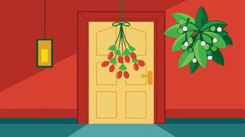 A colorful doorway adorned with hanging mistletoe and bright red berries in a cozy interior during the holiday season vector