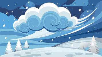 A swirling storm cloud and crashing waves create a dramatic coastal scene during a winter storm along a serene beach vector
