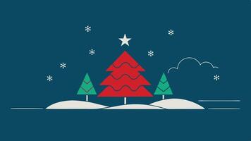 Simple line art of a winter scene with a Christmas tree, house, and snowflakes on a bright red background during the holiday season vector