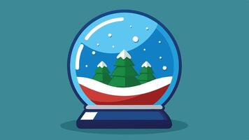 A festive snow globe features a serene winter landscape with three snow-covered trees nestled among soft, rolling hills on a bright winter day vector