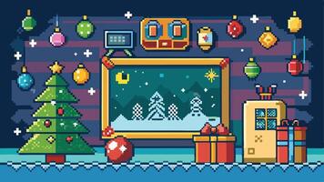 A vibrant pixel art depiction of a cozy Christmas setting featuring a decorated tree, retro television, gifts, and festive elements against a colorful winter night backdrop vector