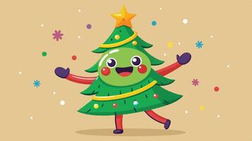 A cheerful animated Christmas tree character dances joyfully in a winter landscape adorned with colorful pine trees under a bright blue sky and falling snowflakes vector