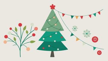 A colorful illustration of a decorated Christmas tree with vibrant flowers and a star on top, set against a soft background, ideal for holiday-themed designs and decorations vector