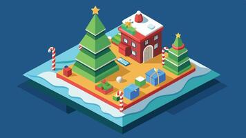 A whimsical winter wonderland in a colorful 3D landscape featuring snow-covered trees, playful buildings, and festive decorations during the holiday season at twilight vector