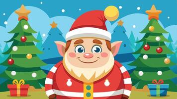 A cheerful cartoon elf in a red and white outfit stands in a winter wonderland surrounded by decorated Christmas trees and colorful presents during the holiday season vector