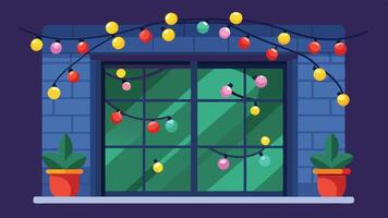 A cozy winter night view through a window featuring a decorated Christmas tree, colorful lights, and festive gifts adorned with ribbons and bows vector