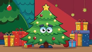 A cheerful cartoon Christmas tree character adorned with colorful ornaments and a star, smiling in a snowy nighttime forest surrounded by pine trees vector