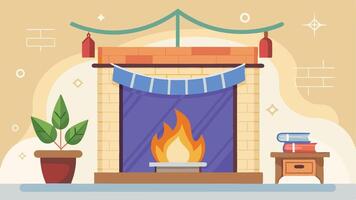 Cozy fireplace with decorative banners and vibrant flames in a warm-colored setting, creating an inviting atmosphere for relaxation and comfort vector