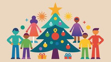 A diverse group of children joyfully standing in a circle around a decorated Christmas tree during a festive holiday gathering vector