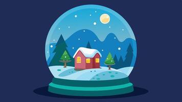 A colorful snow globe featuring a cozy cabin surrounded by snowy mountains and pine trees under a starry sky vector