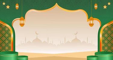Podium template design with Islamic concept display product light effect hanging ornament vector