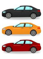 Set of three sedan cars in different colors vector