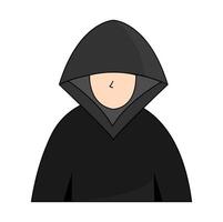 Mysterious figure in a hooded cloak standing against a plain white background vector