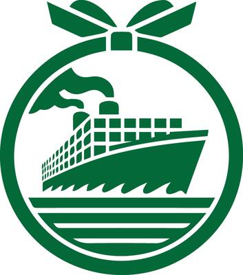 a green and white logo with a ship in the middle