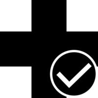 A black and white icon of a check mark within a medical cross. vector