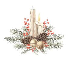 Fir branch with cones, wax candles, red berries and bells. Watercolor botanical drawing in Christmas style. Suitable for Christmas and New Year decorations, invitations, cards, wrapping paper. vector