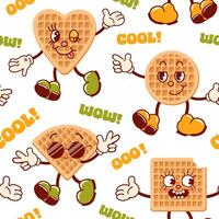 Seamless pattern of Viennese waffles, cute retro cartoon characters. Delicious soft sweets. Groovy, vintage. Trendy old style. Smiling, winking, cool in sunglasses, joyful, cunning. For menu, cafe vector