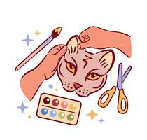 Quadrobic. Creative art, handmade cat mask using craft materials, fun aesthetic expression. illustration. For sticker, design element. vector