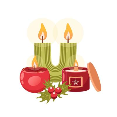 Composition of Handcrafted soy candle in a glass jar with a wooden wick, filled with festive Christmas scents. holly. for creating a cozy atmosphere and enhancing relaxation during the holiday season.